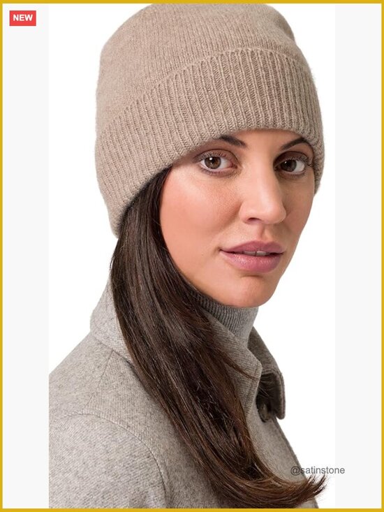 100% Cashmere Ribbed Beanie, Soft & Stretchy Winter Hat